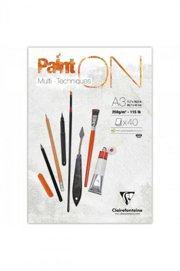 Clairefontaine Paint-On 250gr Ekstra Beyaz Çok Amaçlı Resim Blok 40 Sayfa A3 (29.7x42cm)