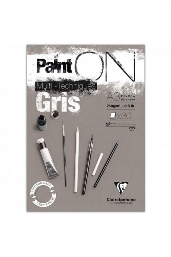 Clairefontaine Paint-On Gris 250gr Gri Çok Amaçlı Resim Blok 30 Sayfa A3 (29.7x42cm)