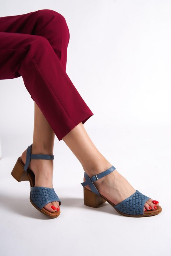 Lita Hakiki Deri Mavi Kalın Topuklu Günlük Sandalet