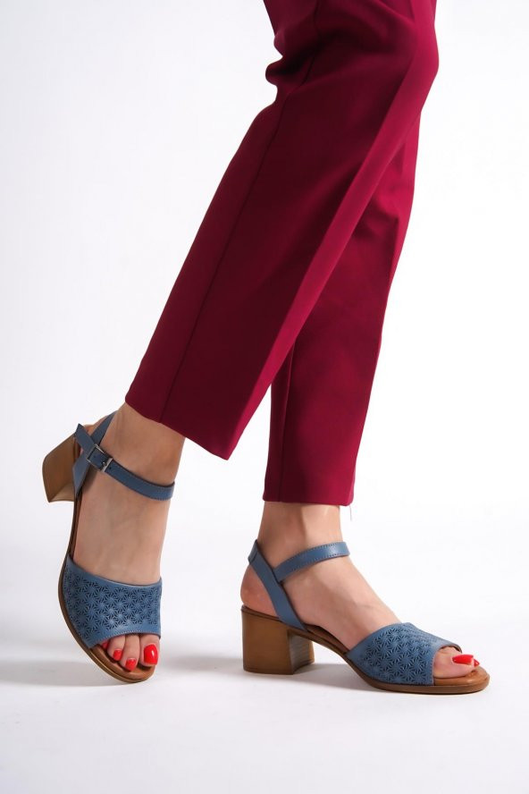 Lita Hakiki Deri Mavi Kalın Topuklu Günlük Sandalet - 3