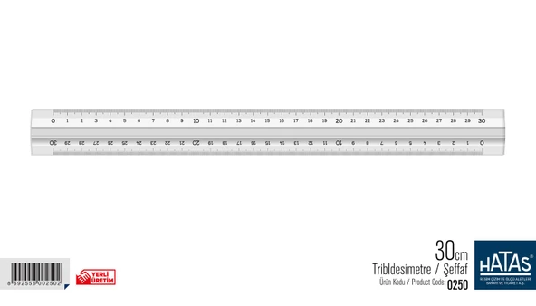 HATAŞ TEKNİK Hatas Tribldesimetre Şeffaf Üçgen Çift Tarafı Santimetre Ölçekli Cetvel 30cm 0250