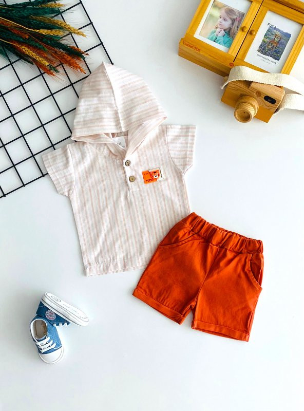 Neşeli Bebekler Kapüşonlu Çizgili Keten Şort Takım Kiremit ürün görseli