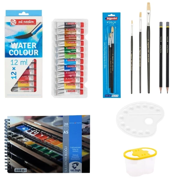 Talens Art Creation Sulu Boya Okul Seti + Van Gogh Suluboya Bloğu + Fırça Seti + Kalem + Palet + Fırça Kabı