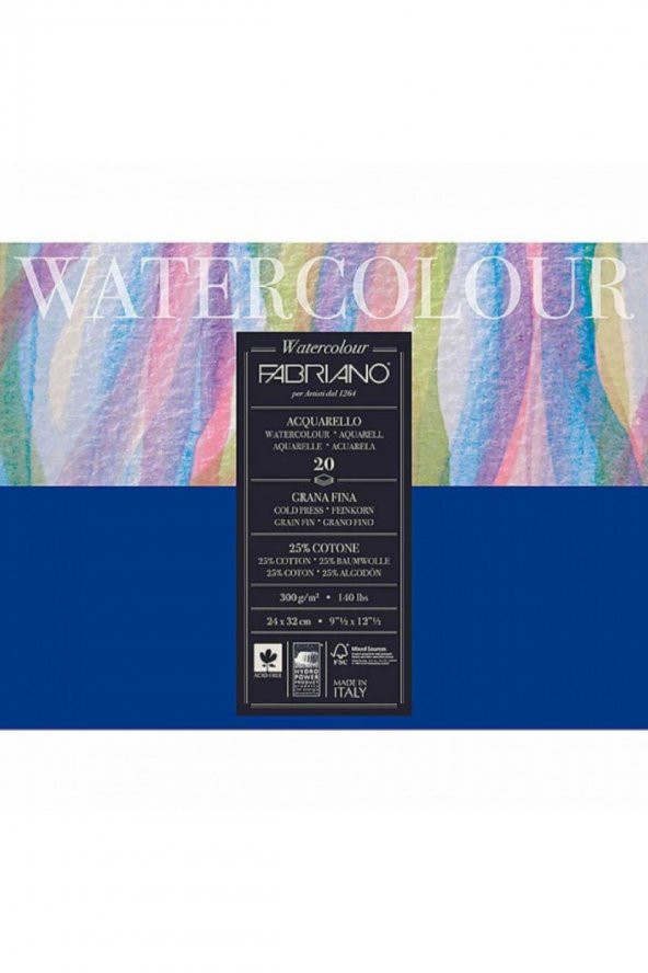 Fabriano Watercolour Cold Pressed 300gr Sulu Boya Blok 20 Sayfa 24x32cm (4 Tarafı Yapışkanlı)