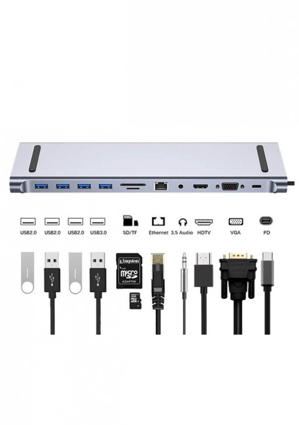 Usb Type C 3 1 To 4k Hdmi Vga Gigabit Ethernet Usb 3 0 Hub Kart Okuyucu Ses Çevirici Kablo