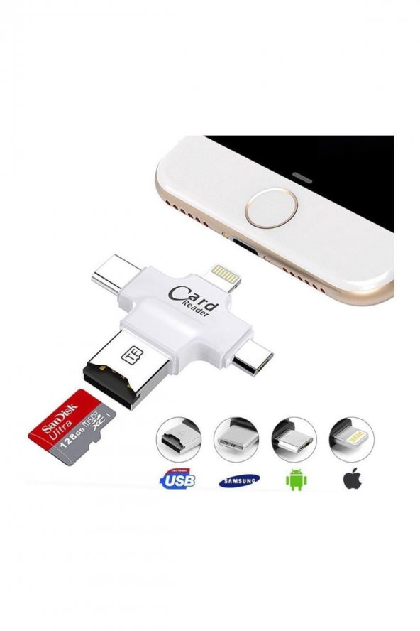 4 In 1 Kart Okuyucu Iphone Usb Type-c Usb-a Micro Usb Card Reader Otg Özellikli - Beyaz