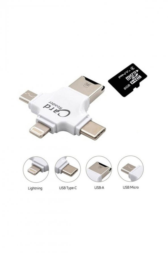 4 In 1 Kart Okuyucu Iphone Usb Type-c Usb-a Micro Usb Card Reader Otg Özellikli - Beyaz - Resim 3