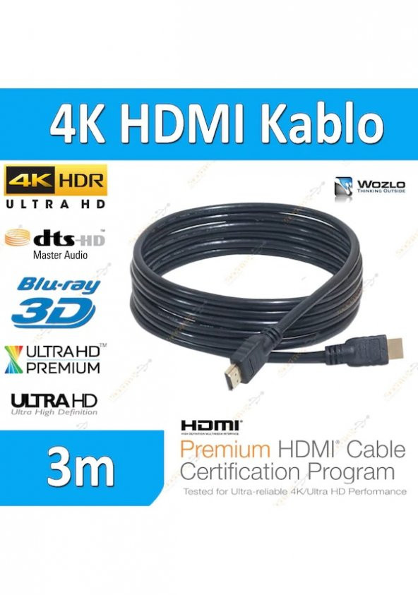 4K 3D Ultra Hd 3 Metre Ethernet Destekli Altın Uçlu Hdmi Kablo