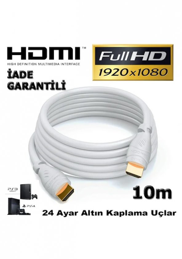 10M Metre Kaliteli Hdmi Kablo 1.4 V 3D Beyaz - Tv Ps3 Lcd Kablo