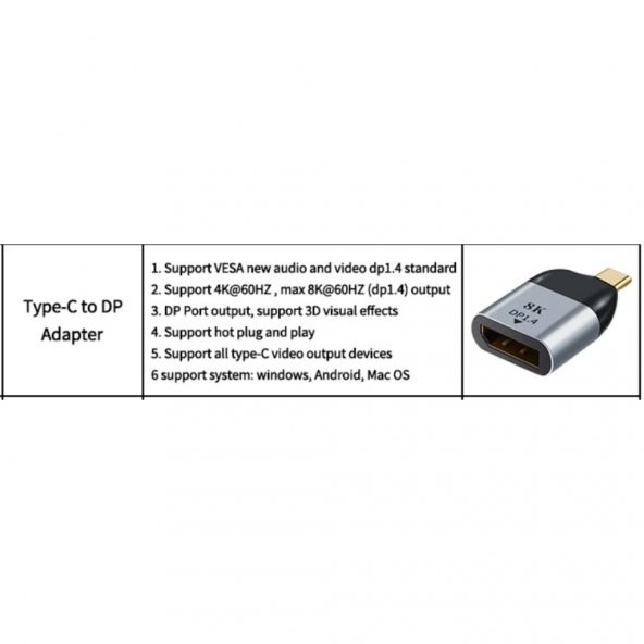 Type C To Displayport Çevirici Dönüştürücü Adaptör Usb 3.1 Erkek to DP Dişi - 2
