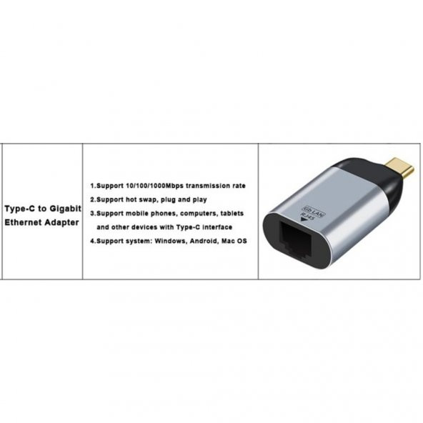 Type C To Ethernet Çevirici Dönüştürücü Ağ Adaptörü USB 3.1 To RJ45 1000Mbps Gigabit - 3