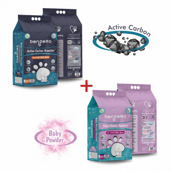 BENPETTO AB250  Aktif Karbon & Bebek Pudrası Parfümlü  2'Li 2X10 20 Lt Topaklanan Kedi Kumu / Cat Litter - 2