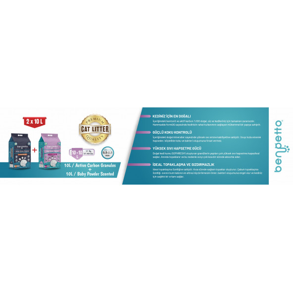 BENPETTO AB250  Aktif Karbon & Bebek Pudrası Parfümlü  2'Li 2X10 20 Lt Topaklanan Kedi Kumu / Cat Litter - 8