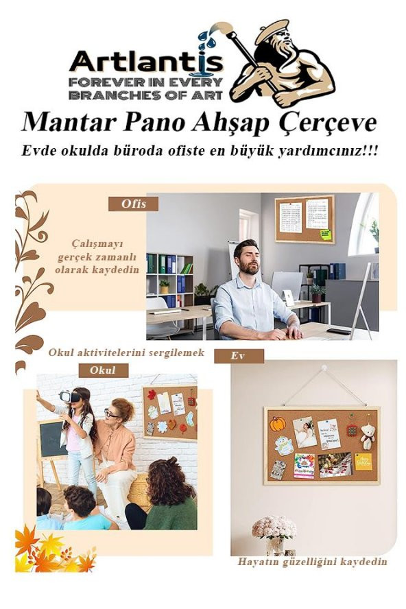 Mantar Pano Ahşap Çerçeve 45x60 cm 1 Adet Harita Çivisi Hediyeli Duvara Monte Mantar Çerçeve Evde Okulda Büroda Ofiste - 5