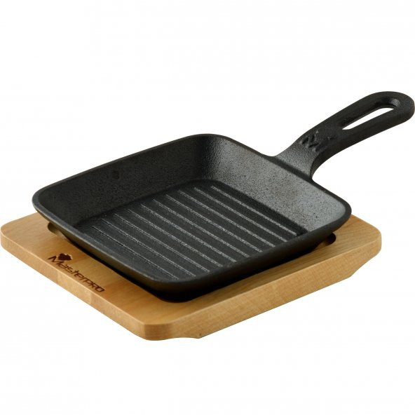 MasterPro 3808-4 Cook Share serisi 2si 1 arada Döküm Demir Pişirme Tavası Seti,Tahta tabak ve döküm tava,13,7x22,2x2,2 cm