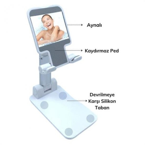 Beyaz  Aynalı Cep Telefonu Sabitleyici Stand Katlanabilir Ayarlanabilir Telefon Standı - 5