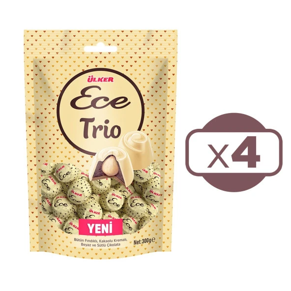 Ülker Ece Trio Bütün Fındıklı Beyaz ve Sütlü Çikolata 300 gr 4 lü