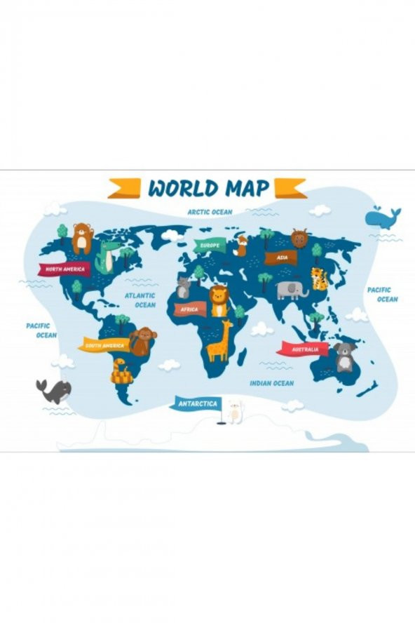 Hayvanlı Dünya Haritası, Çocuklar Için Eğlenceli Dünya Haritası, Eğitici Oyuncak Çocuk Odası Sticker - Resim 2
