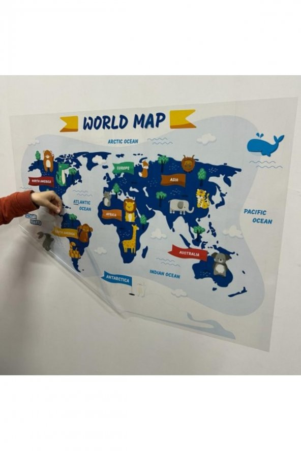 Hayvanlı Dünya Haritası, Çocuklar Için Eğlenceli Dünya Haritası, Eğitici Oyuncak Çocuk Odası Sticker - Resim 3