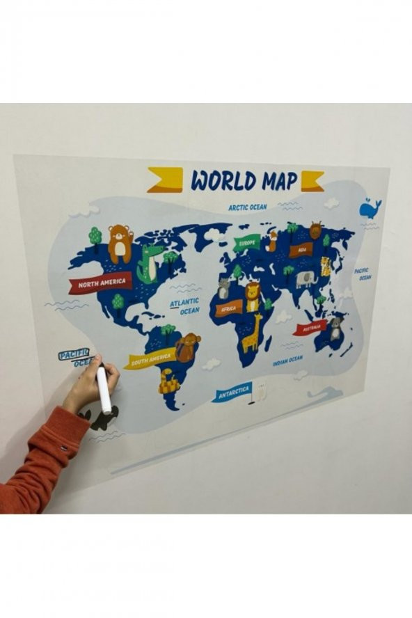 Hayvanlı Dünya Haritası, Çocuklar Için Eğlenceli Dünya Haritası, Eğitici Oyuncak Çocuk Odası Sticker - Resim 5