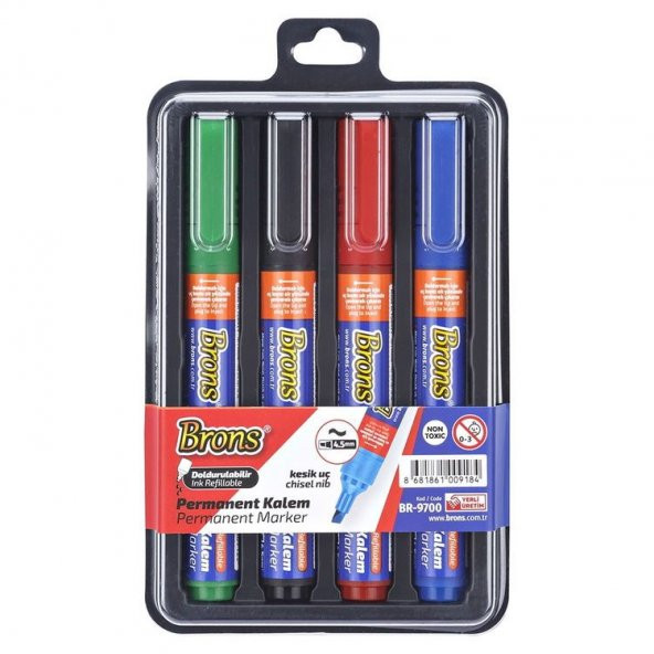 Brons Permanent Marker Kesik Uç 4 Renk Set (S-M-K-Y)