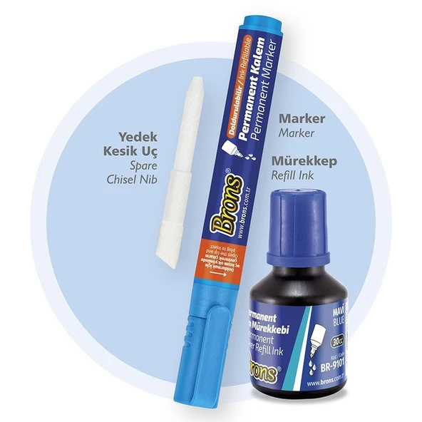Brons Permanent Marker Seti Kesik Uç Mavi (Kalem + Mürekkep + Yedek Uç)