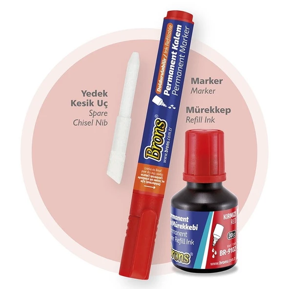 Brons Permanent Marker Seti Kesik Uç Kırmızı (Kalem + Mürekkep + Yedek Uç) ürün görseli 1