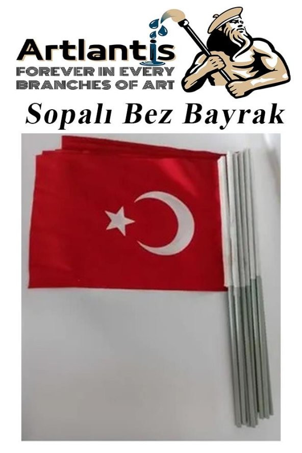 Sopalı Bez Bayrak 20x30 Cm 10 Adet Saplı Bayrak Ay Yıldız Plastik Çıtalı 20*30 Bez Bayrak Mill Bayram Kutlama - 5
