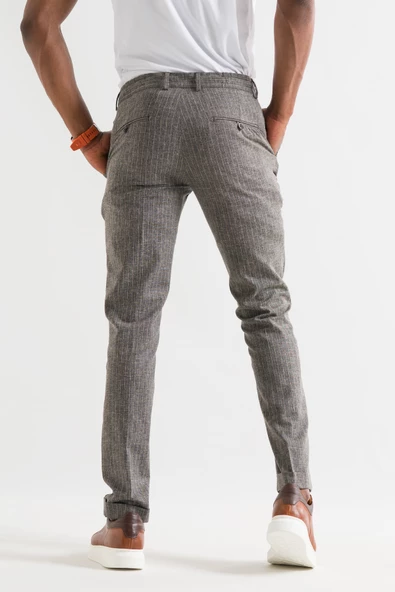 Slimfit Çizgili Beli Lastikli İplikli Yazlık İnce Linen Kumaş Duble Paça Erkek Keten Pantolon - Resim 5