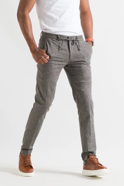 Slimfit Çizgili Beli Lastikli İplikli Yazlık İnce Linen Kumaş Duble Paça Erkek Keten Pantolon - Resim 2