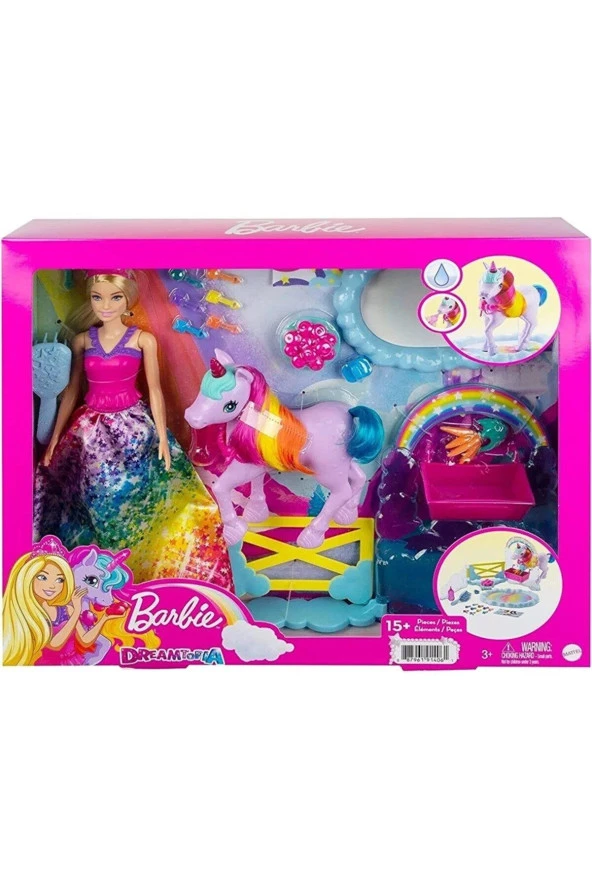 Barbie Dreamtopia Bebek ve Tek Boynuzlu At Renk Değiştiren Tuvaletiyle 18 Aksesuar