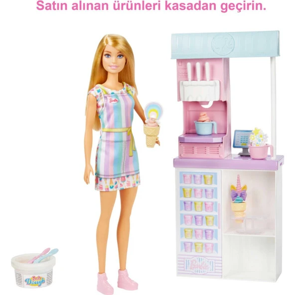 Barbie Dondurma Dükkanı Oyun Seti 30 Cm Sarışın Bebek Oyun Hamuru ve Aksesuarlar - Resim 6