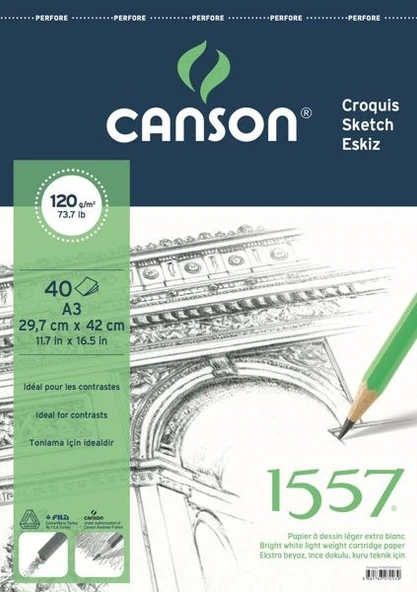 Canson 1557 Eskiz Defteri 120 gr. Üstten Spiralli A3 40 Sayfa