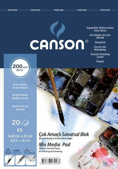 Canson Finface Çok Amaçlı Sanatsal Blok 200 gr. Spiralli A5 20 Sayfa