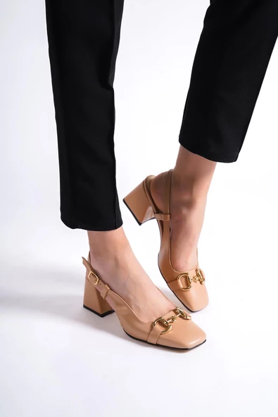 Cenova Ten Rengi Küt Burunlu Tokalı Arkası Açık Kalın Topuklu Ayakkabı - Resim 3