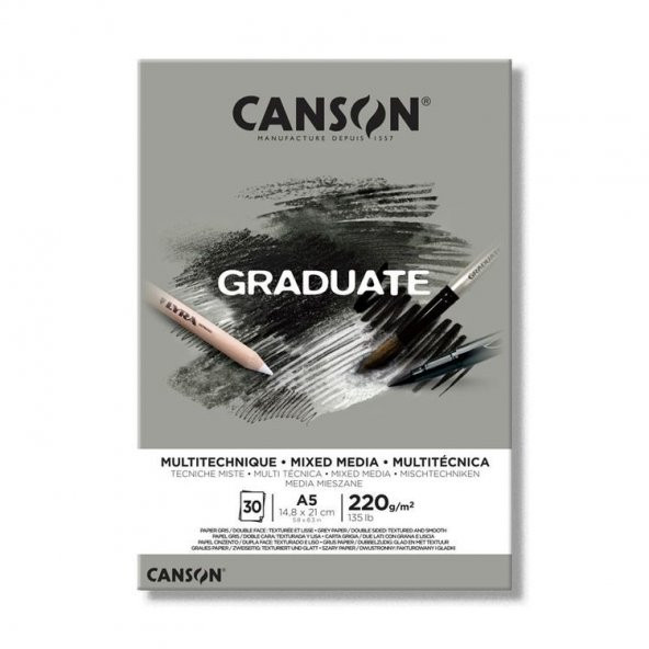Canson Graduate Mixed Media Grey Çok Amaçlı Blok 220 gr. A5 30 yp.