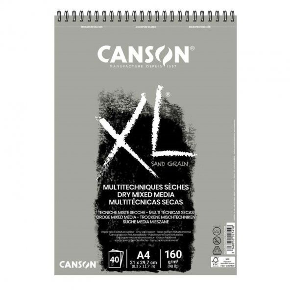 Canson XL Sand Grain Gri Dry Mixed Media Blok 160 gr. A4 40 yp.