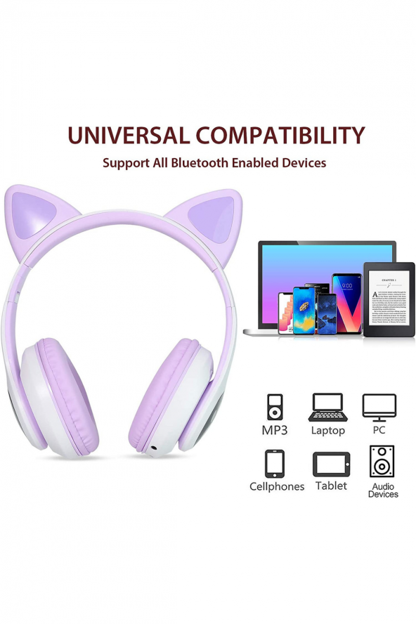 Fuchsia Kedi Kulaklık LED Işıklı Bluetooth Katlanabilir Eğlenceli Mikrofonlu Kulaklık - 3