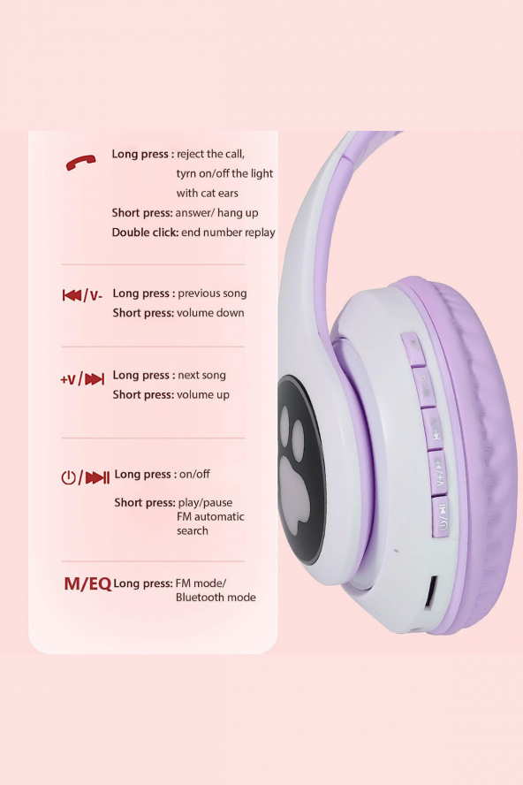 Fuchsia Kedi Kulaklık LED Işıklı Bluetooth Katlanabilir Eğlenceli Mikrofonlu Kulaklık - 5