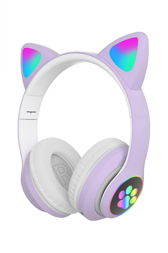 Fuchsia Kedi Kulaklık LED Işıklı Bluetooth Katlanabilir Eğlenceli Mikrofonlu Kulaklık