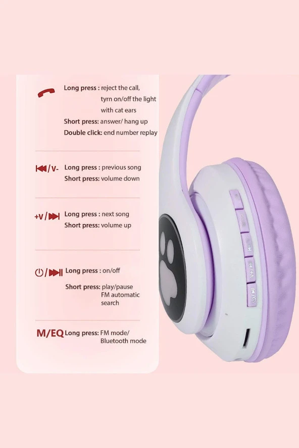 Fuchsia Kedi Kulaklık LED Işıklı Bluetooth Katlanabilir Eğlenceli Mikrofonlu Kulaklık - 12