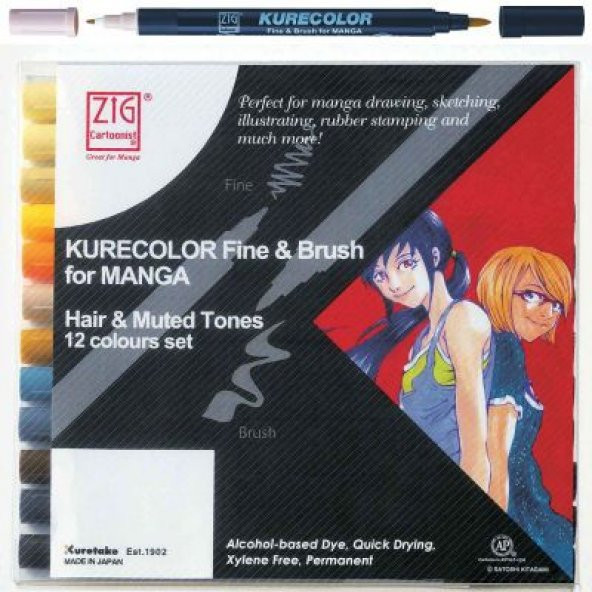 Zig Kurecolor Fine & Brush for Manga Hair & Muted Tones 12 Renk