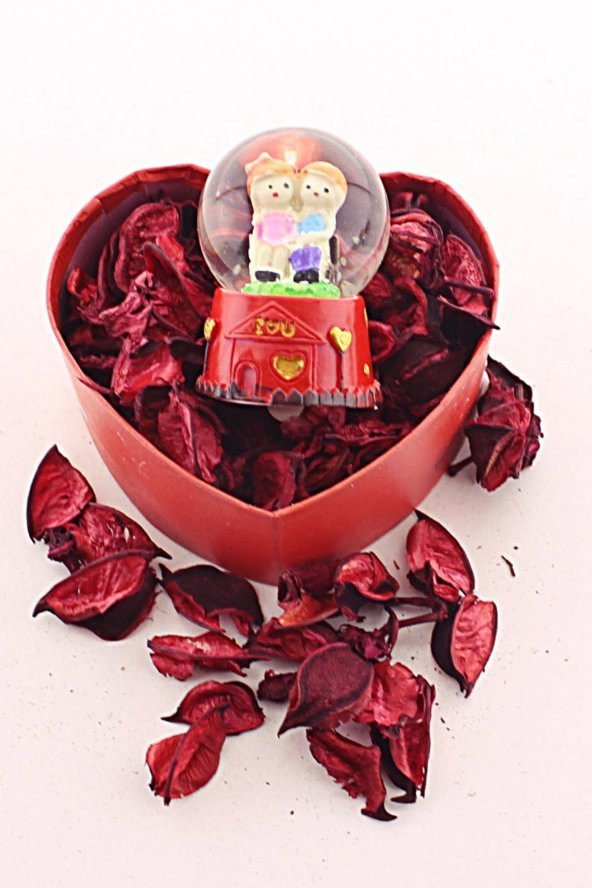 Kalp Kutuda Sevgililer Temalı Işıklı Mini Boy Kar Küresi 6,5 cm