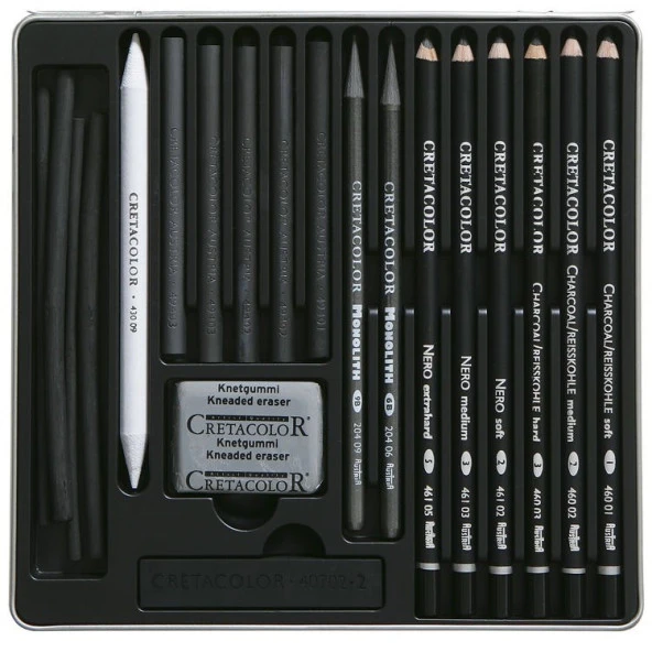 Cretacolor Black Box Charcoal Drawing Set Progesyonel Kömür Çizim Seti 20 Parça Metal Kutu (400 30)