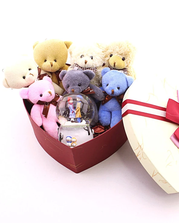 7 Mini Ayıcık Hediye Kutusu Sevgiliye Özel Kalp Kutu İçinde Kış Masalı  Kar Küresi