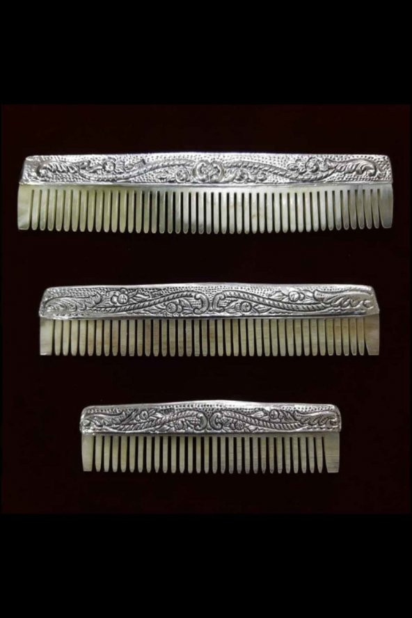 11 Cm 925 Ayar Gümüş Motifli El & Çanta Tarağı - Kemik Dişli Gümüş Tarak
