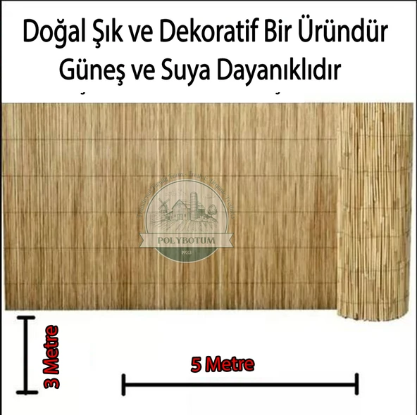 POLYBOTUM Doğal Kamış Hasır Çit 3 m X 5m Doğal Bahçe Çiti - Gölgelik Hasır
