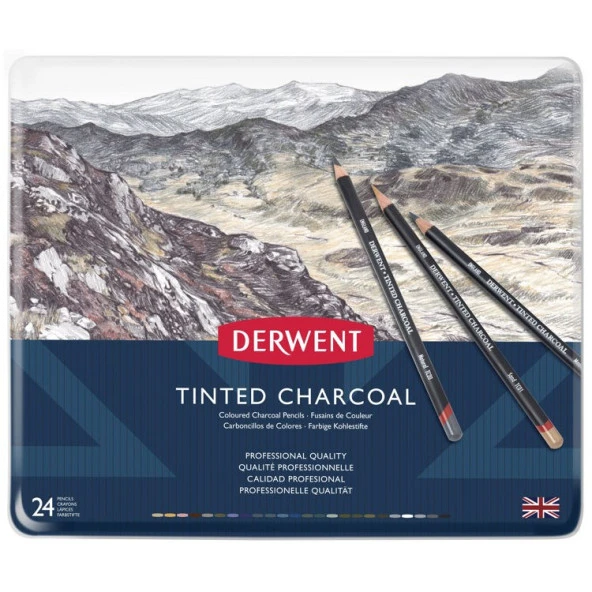 Derwent Tinted Charcoal Renkli Kömür Füzen Seti 24lü Teneke Kutu