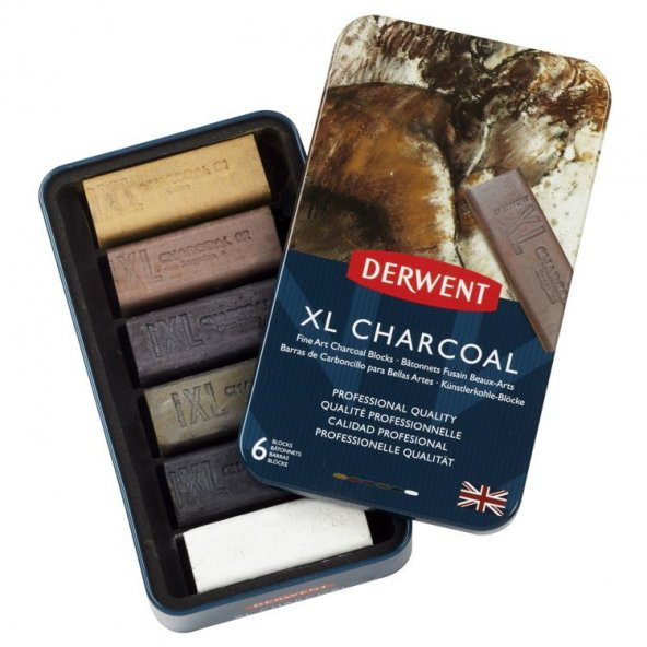 Derwent XL Charcoal Block Kalın Kömür Füzen 6lı Teneke Kutu