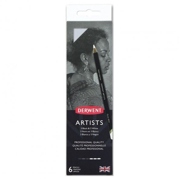Derwent Artists Pencils Kuruboya Kalemi 6lı Teneke Kutu (Siyah ve Beyaz Tonları)